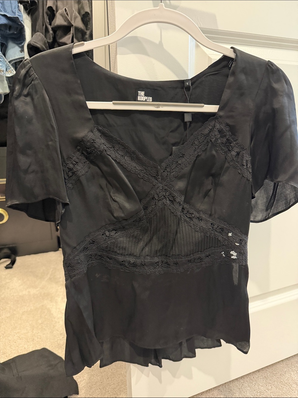 The Kooples Black Lace-Paneled Short Sleeve Blouse